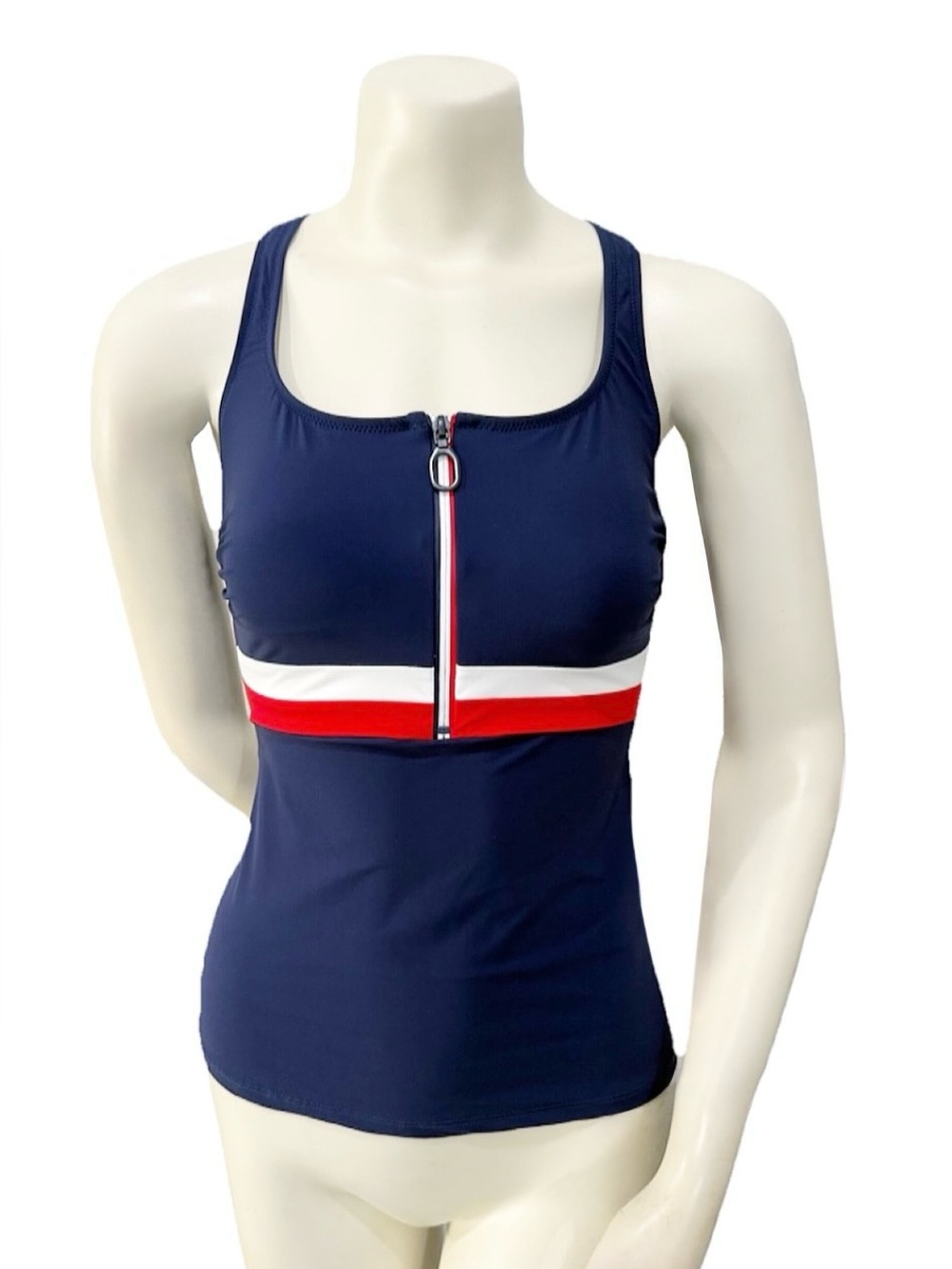 NWT Gottex Free Sport Navy Zip Front Tankini Top 34D Racerback Swim Top